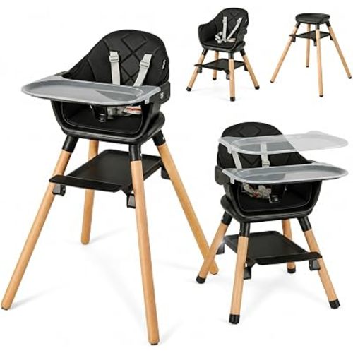 HONEY JOY Baby High Chair, 6 In 1 Convertible Wooden Highchair for Babies and Toddlers/Toddler Chair/Bar Stool, Removable Double Tray & Reversible Footrest, Safety Harness for Infant Boys Girls(Black)