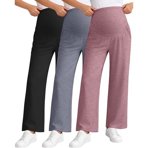 3 Pack Women's Maternity Pants Loose Wide Leg Pregnancy Sweatpants Over The Belly Lounge Pants Pajama with Pockets