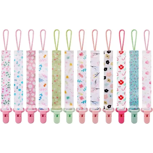 12 Pack Pacifier Clips with Adjustable Strap (32-46.5cm)/Short Strap(25.5cm) - Premium Polyester Baby Pacifier Holder Set, Multi-Design Clips for Boys Girls (Multicolor D 25.5cm)