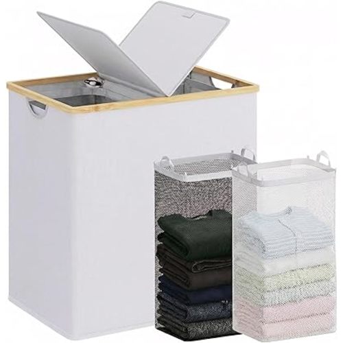 efluky Laundry Hamper with Lid, Double Laundry Hamper with 2 Removable Bags, 2 Section Laundry Basket with Bamboo Handles for Bathroom, Bedroom & Laundry Room, 140L (36.9 Gallon) Light Grey
