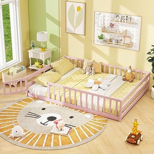 Giantex Full Floor Bed with Door & Fence, Kids Wood Montessori Beds with Safety Guardrails, Floor Bed Twin for Kids, Boys, Girls, No Box Spring Needed, Pink