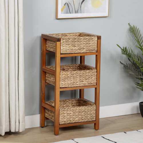 3 Tier Hardwood Frame Grocery Storage Organizer Rack with 3 Woven Water Hyacinth Baskets, Light Oak