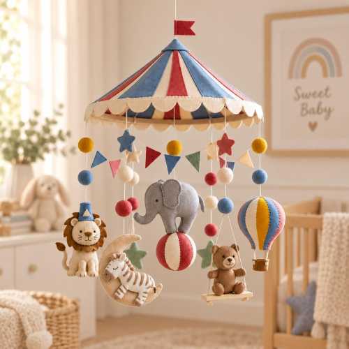 Felt Circus Baby Mobile, Carnival Crib Mobile, Lion Elephant Zebra Bear Nursery Decor, Handmade Baby Shower Gift