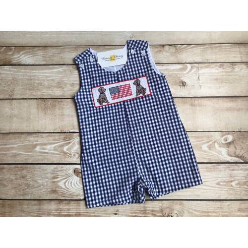 Baby Boy Fourth of July Jon Jon, Boys Gingham Patriotic Outfit, Boys Flag and Dog Outfit, Baby Boy Gingham Shortalls, Baby Boy Romper