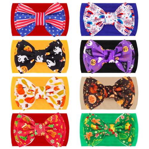 Bocaoying 8 Pack Baby Girls Holiday Headbands with Bows, Soft Elastic Head Wrap for Newborn Infant Toddler, 8 Holiday Printed Styles, Wide Band 5.5-7", Ideal for Photoshoot & Baby Shower Gift
