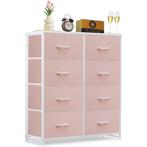8-Drawer Dresser for Bedroom, Anti-Tip Tall Storage Organizer Chest of Drawers with Wooden Top and Metal Frame Fabric Bins for Closet, Living Room, Hallway, Entryway, Pink