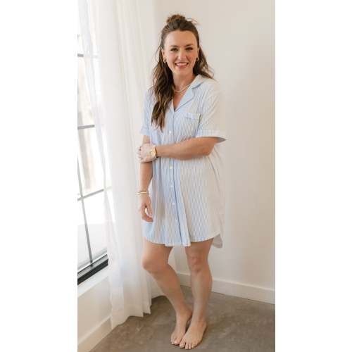 Women's Ribbed Button Down Dress In Blue Pin Stripes