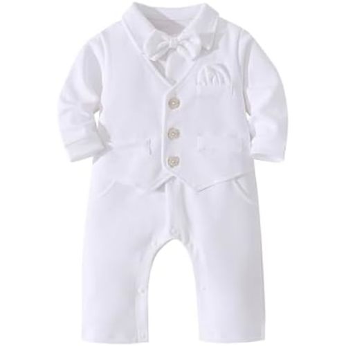HMD Baby Boy Long Sleeve Gentleman White Shirt Waistcoat Bowtie Tuxedo Onesie Jumpsuit Overall Romper
