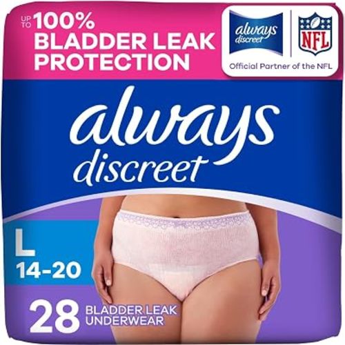 Always Discreet Adult Diapers for Women, Incontinence Underwear, Postpartum Essentials, Disposable Briefs, Max Absorbency, Bladder Leak Protection, Large, 28ct