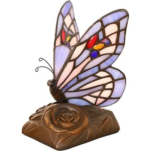 Tiffany Mini Table Lamp Blue Butterfly Stained Glass Cute Night Lights Hand-made 3 Color-temperature Table Lamps For Bedroom Bedside Nightstand Desk Lamps Christams Gifts (3X4X6.5inch) W/ LED Bulb