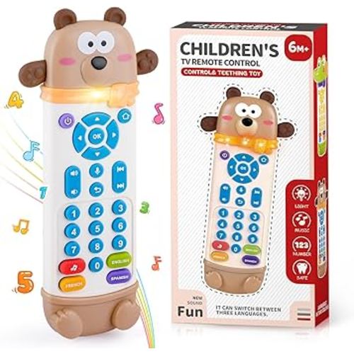 Baby Remote Control Toy, Remote Teether with Realistic Lights and Sounds - 3 Languages (English, Spanish & French), Baby Musical Toys Gifts for Boys Girls with Silicone Teether for 6 Month+