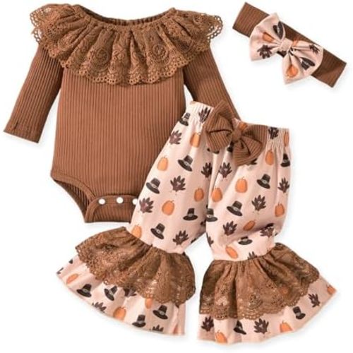 HINTINA Newborn Baby Girl Short Sleeve Bodysuit Flared Pants Ribbed Outfits