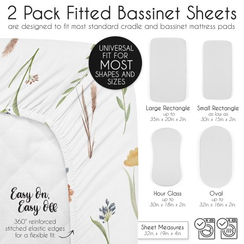 Sweet Jojo Designs Boho Floral Garden Flower Girl 2 Pack Baby Bassinet Fitted Sheets Watercolor&nbsp;Bohemian Floral Farmhouse Chic