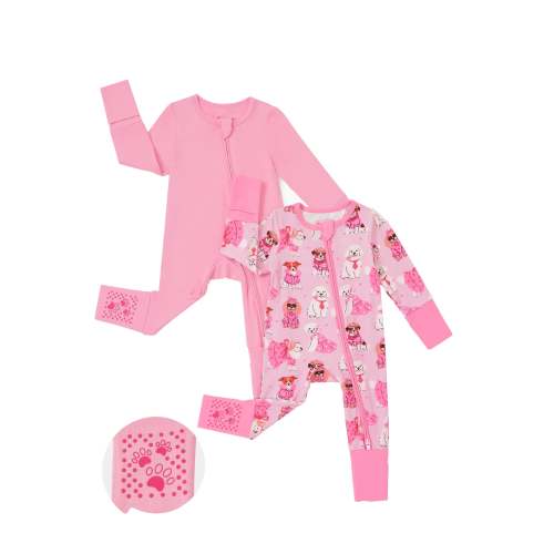 Bamboo Baby Boy/Girl 2-Pack Solid&Bee Printed 2-Way Zipper Anti Slip Footie Pink