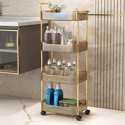 Acrylic Storage Trolley, Bathroom Kitchen Rolling Utility Cart Mobile Organization Shelves with Handle and Lockable Wheel(Gold,4Tier)