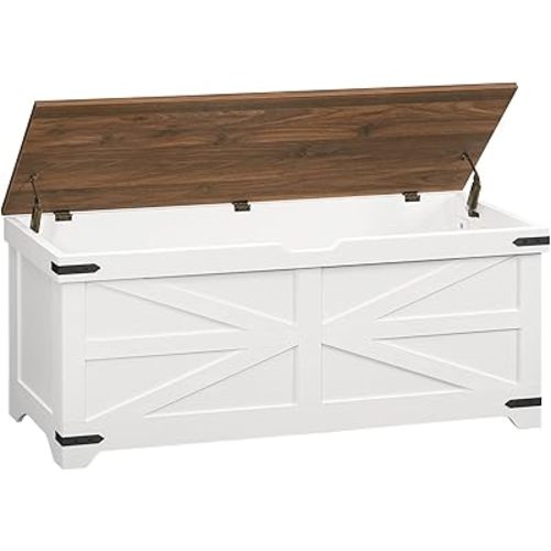 Large Toy Chest, 47.2" Wooden Toy Box with 2 Safety Hinges, Farmhouse Style Storage Bench, Blanket Storage Chest for Living Room, Entryway, Bedroom, White+Walnut SCBZ18601