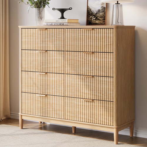 Linsy Home Fluted Dressers for Bedroom, Wide Chest of 8 Drawers, Oak