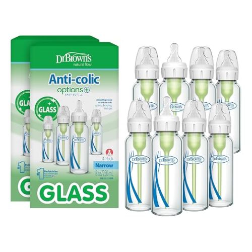 Dr. Brown's Anti-Colic Options+ Narrow Glass Baby Bottle, 8 oz, 4-Pack