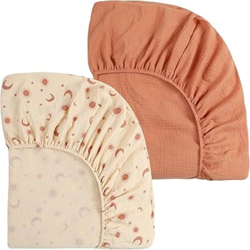 Onacosht Muslin Crib Sheets for Boys Girls, Soft Breathable 100% Cotton Baby Fitted Sheet 52" x 28" for Standard Toddler Crib Mattress, 2 Pack, Light Brown and Moon