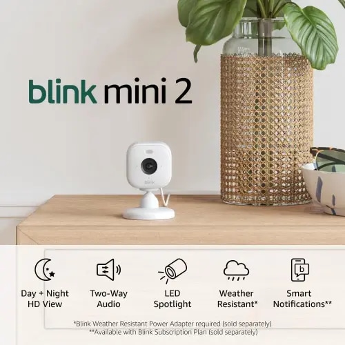 Blink Mini 2 — Home Security & Pet Camera with HD video, color night view, motion detection, two-way audio, and built-in spotlight — 1 camera (White)