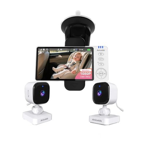Wireless Baby Car Camera with 2 Cameras, 1080P Night Vision, Auto On/Off - Dual Portable Baby Car Monitor, 8 Lullabies, No-Glow IR Night Vision for Infants & Pets