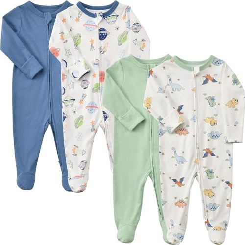 Aablexema Baby Pajamas with Mitten Cuffs Zipper 4-Pack Infant Newborn Cotton Long Sleeve Footie Outfit