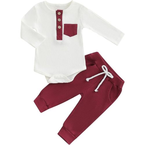 fhutpw Baby Boy Clothes 3 6 12 18 Months Ribbed Knitted Long Sleeve Romper and Pants Sets Newborn Fall Splicing Color Outfits
