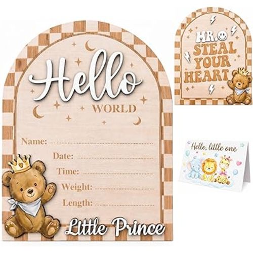 Baby Boy Announcement Sign with New Baby Card, 8 Inch Wooden Hello World Newborn Sign, Double-Sided Birth Announcement Sign For Hospital Photo Prop, Newborn Shower Keepsake