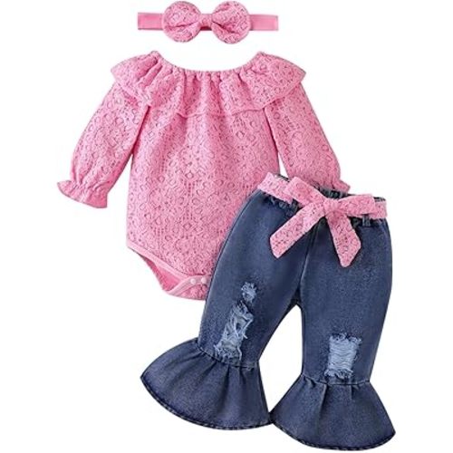 Baby Girl Clothes Lace Off Shoulder Romper Flare Jeans Pants Headband and Belt 4pcs Outfit 3-24 Months