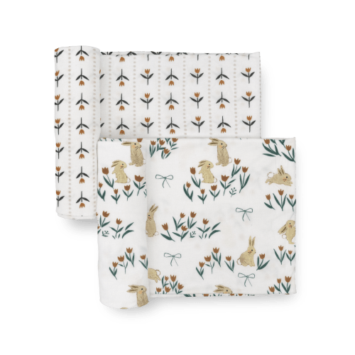 Stretch Knit Swaddle Blanket 2 Pack - Bunnies and Tulips