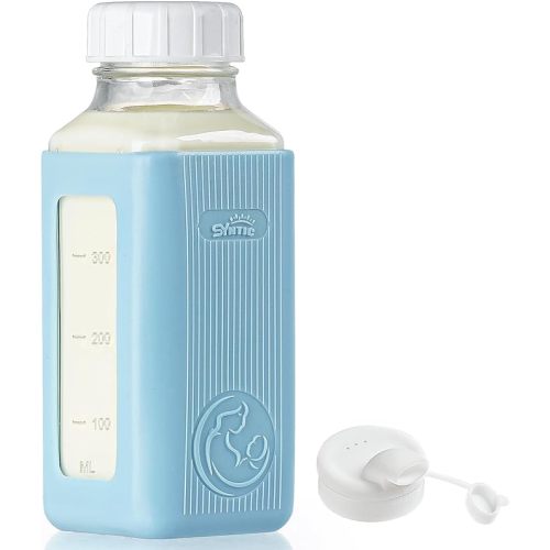 Syntic 2 Pack 16 Oz Glass Breastmilk Storage Bottle with Airtight Lids & 2 Pour Spouts, Milk Storage Containers for Fridge with Clear Scales - Day/Night Milk Collection Bottles with Protective Case