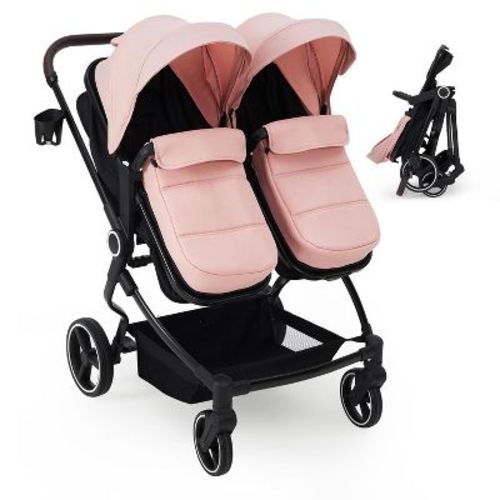 Side by Side Double Stroller for Twins,Lightweight Compact Foldable Baby Travel Stroller with High Landscape Seat,Pink