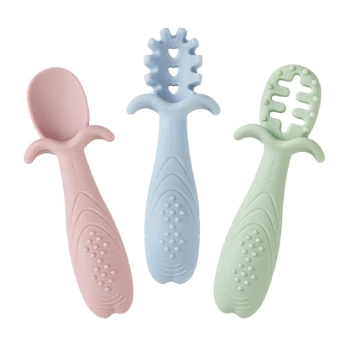 KINGSTONE Baby Spoons Self Feeding 6+ Months, Anti-Choke, Silicone, 3-Pack | Baby Led Weaning Toddler Utensils Set for First Stage Self-Feeding, Easy Grip Non-Slip Handle, Training Fork, BPA-Free