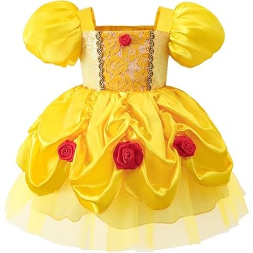 Infant Girls Princess Dress Yellow Ball Gown with Rose Decor Tiara Headband for Toddler Birthday Party