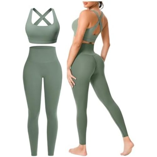 Workout Sets for Women 2 Pieces Seamless Yoga Legging Removable Bra Padding
