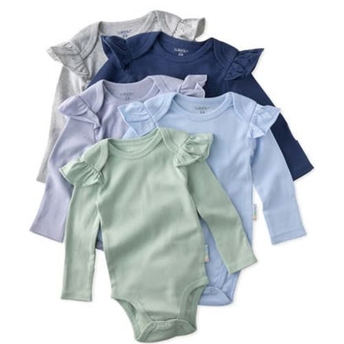 Ashley Ruffle Long Sleeve Organic Cotton Assorted 5-Pack Bodysuits, 3-6M