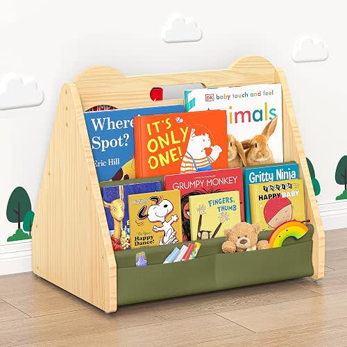 NANATI Solid Pine Wood Kids Bookshelf Green, Double-Sided Nursery Book Shelves, Portable Toddler Bookshelf, Montessori Bookcase, Children's Book Storage Display for Bedroom Classroom