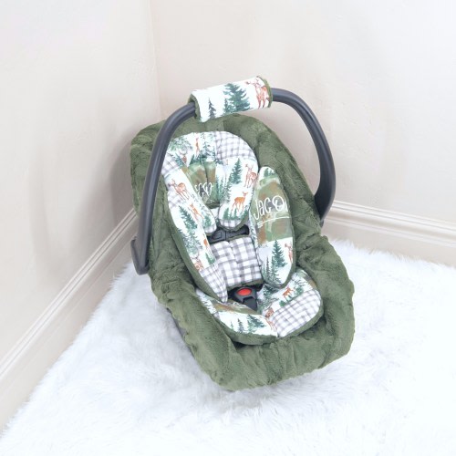 Dark Green Woodland Baby Boy Car Seat Insert Cushion Accessories - Head and Body Rest - Straps Cushions - Personalized Printed Name