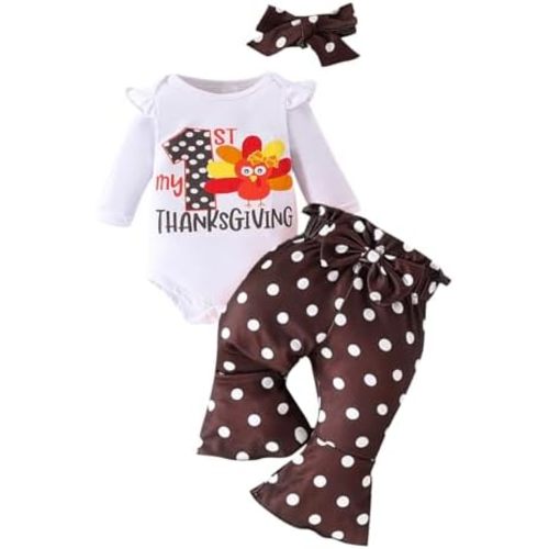 My First Thanksgiving Outfits Newborn Baby Girl Romper+Polka Dot Pant +Headband Girl Thanksgiving Set