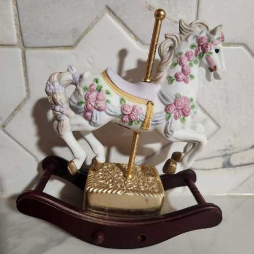 Vintage 1989 Porcelain Rocking Horse Music Box Floral Pink music box company
