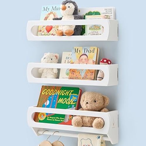 Bamboo Nursery Book Shelves, 3-Pack White Floating Shelves for Wall Kids, Fully Assembled Wall Book Shelves for Bedroom Kids, Toddler Room, Baby Room, Nursery Decor