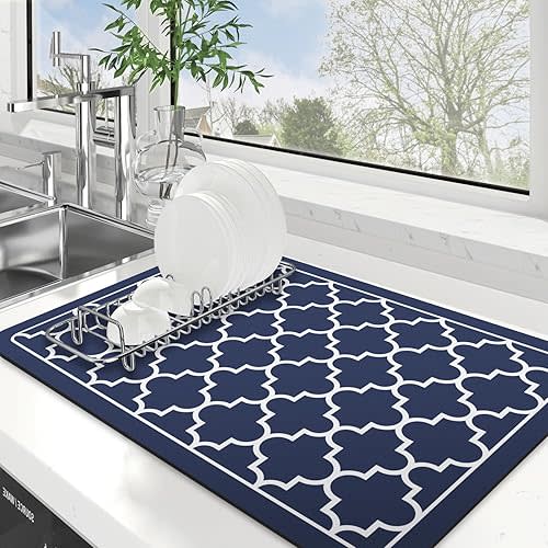 WISELIFE Dish Drying Mat Super Absorbent Drying Mat Large Dish Drying Mats for Kitchen Counter Easy Clean Dish Mat Kitchen Drying Mat16"x 24" Stylish Blue