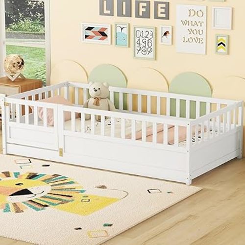 Bellemave Twin Floor Bed with Slats and High Fence, Twin Size Montessori Floor Beds with Door, No Box Spring Needed, Easy Assemble Montessori Bed Frame(White Twin)