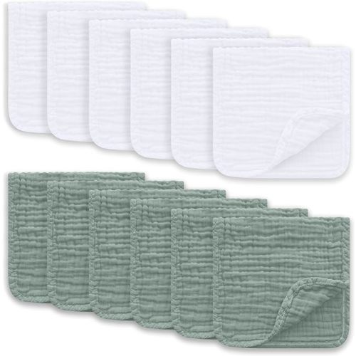 Muslin Burp Cloths Large 100% Cotton Hand Washcloths for Boys & Girls, Baby Essentials Extra Absorbent and Soft Burping Rags for Newborn Registry (White & Green, 12-Pack, 20" X10") - White and Green - 10x20 Inch (Pack of 12)
