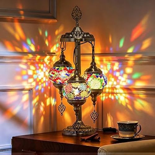3 Globes Turkish Moroccan Mosaic Table Lamp, 23" Tall Handmade Tiffany Style Stained Glass Lamp for Living Room Bedroom Decor, Unique Vintage Night Light Fixture Includes 3 LED Bulbs, Multicolor