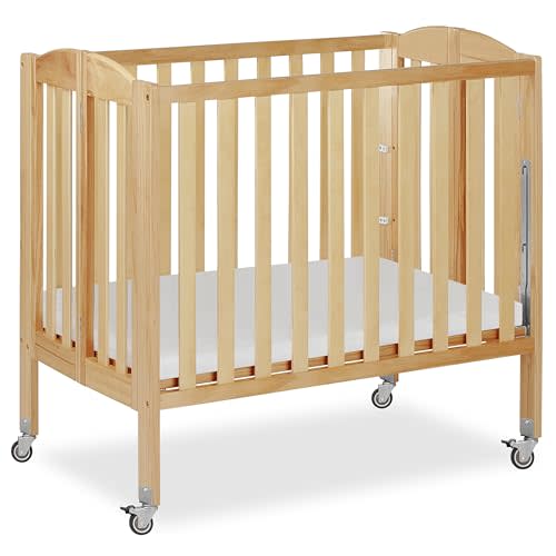 Dream On Me 3 in 1 Portable Folding Stationary Side Crib in Natural, Greenguard Gold Certified, Safety Wheel with Locking Casters, Convertible, 3 Mattress Heights | Mattress Included, 3 Adjustable Height, Compact Flat Fold for Small Spaces, GREENGUARD ...