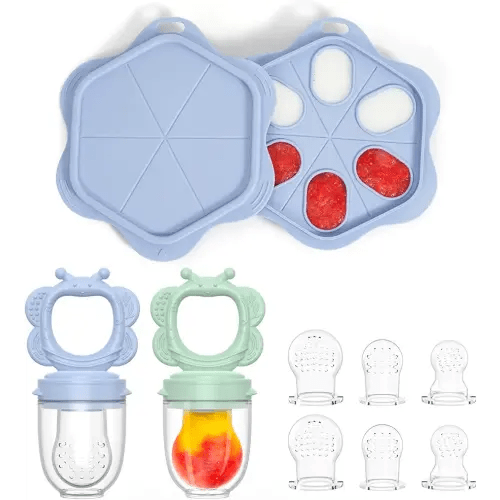 Silicone Baby Fruit Food Feeder (2 Pack) with Freezer Nibble Tray, Breastmilk Popsicle Molds for Baby Teething Relief, Silicone Feeder for Safe Infant Self Feeding, BPA Free, Dishwasher Safe, 3 Month+