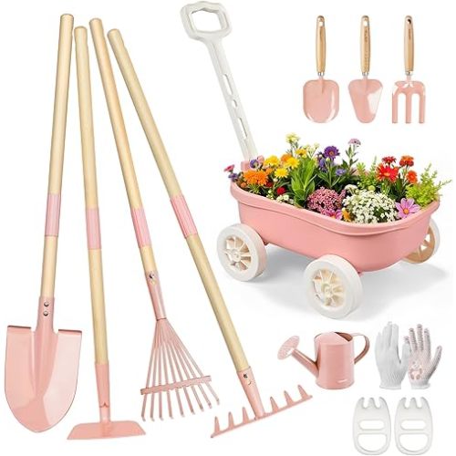 Kids Gardening Set with Wheelbarrow, 11-Piece Outdoor Yard, Beach, STEM Garden Play Kit with Child-Sized Tools, Durable, Safe & Fun Gift Toy for Ages 2+ Kids Toddlers Boys Girls (Pink)