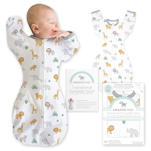 Amazing Baby Transitional Swaddle Sack, Arms Up Half-Length Sleeves & Mitten Cuffs, Swaddle for Newborn Transition to Baby Sleep Sack Wearable Blanket, Medium, 3-6 Month, 14-21 lb, On Safari
