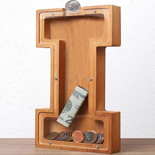 Wooden Letter Piggy Bank for Kids Boys Girls Large 26 Alphabet Money Bank Personalized Custom Name Transparent Saving Coin Bank, Perfect Christmas,Birthday Gift for kids Adults and Home Decoration (I)